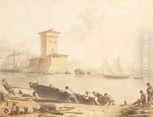 Sailors hauling a boat up a beach, a tower seen across a bay beyond