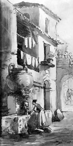 An Italian street with a woman washing clothes at a fountain by Victor Jean Nicolle
