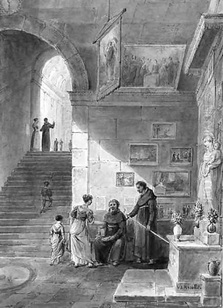A woman and her child giving alms to two monks in the chapel of a church - view 1
