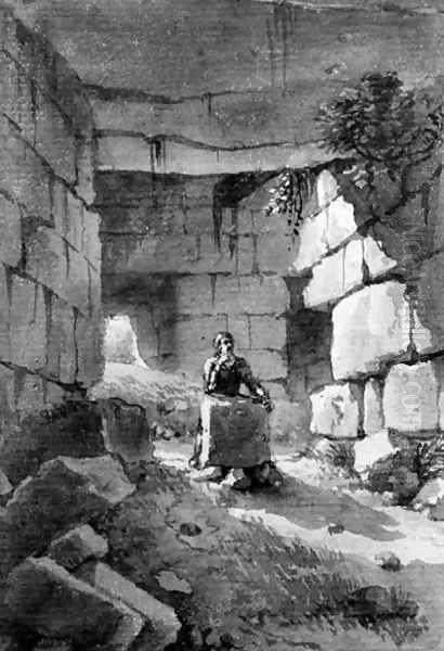 A man meditating among ruins - view 1
