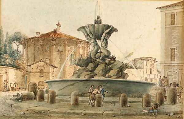 The Fountain of the Piazza Santa Maria in Cosmedin with the Temple of Cybele, Saint Peter in the background, Rome - view 1