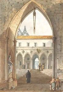 The interior of a gothic monastery seen through an arch by Victor Jean Nicolle