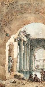 An inundated Temple seen through an Arch, with a group of soldiers in the foreground