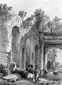 Inundated ruins with soldiers in the foreground