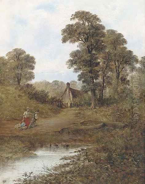 Children playing with a cart by a duck pond - view 1