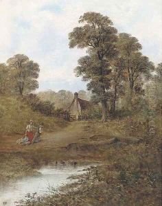 Children playing with a cart by a duck pond