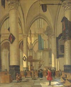 The interior of a Dutch church by Isaak Nickelen