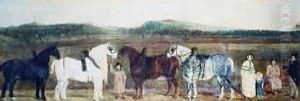 A Farmer with his family farm workers and four shire horses by William Nedham
