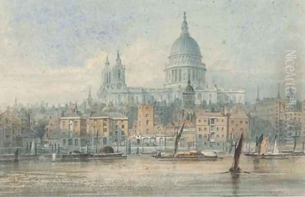 Barges on the Thames before St. Paul's Cathedral - view 1