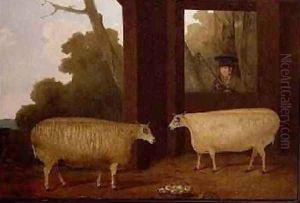 A Pair of Prize Rams with a Farmer Beside a Pen 1832 by G.B. Newmarch