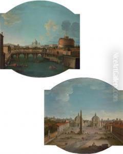 View Of Piazza Del Popolo, Rome;
 And View Of The Ponte Sant'angeloand Castel Sant'angelo, With Saint 
Peter's Basilica Beyond,rome by Antonio Joli