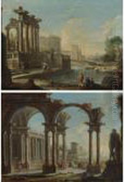 Architectural Capriccio With Figures Among Classical Ruins By Aninlet - view 1