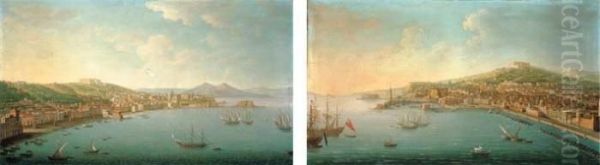 The Bay Of Naples, From The
Posillipo, With The Riviera Di Chiaia, The Pizzofalcone Barracks, The
Castel Sant'elmo, The Certosa Di San Martino, And The Castel Dell'ovo,
With Vesuvius Beyond; And The Bay Of Naples From San Giovanni A Teduccio
Looki by Antonio Joli