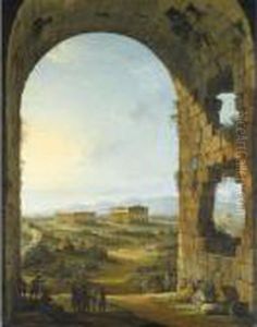 Paestum In Evening Light With 
Merry Travellers And An Artist Sketching Below A
 Stone Arch by Antonio Joli