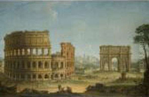Rome A View Of The Colosseum And
The Arch Of Constantine With An Artist
Sketching In The Right Foreground by Antonio Joli