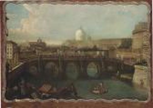 The Tiber, Rome, Looking Downstream With The Castel And Pontesant'angelo - view 1