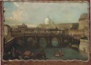 The Tiber, Rome, Looking Downstream With The Castel And Pontesant'angelo by Antonio Joli