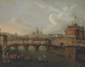 The Tiber, Rome, Looking Towards
 The Ponte Sant'angelo And Thecastel Sant'angelo, Saint Peter's Beyond by Antonio Joli