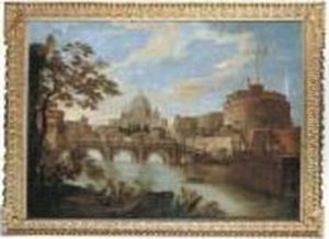 The Tiber, Rome, Looking 
Downstream With The Castel And Ponte Sant'angelo, Saint Peter's And The 
Vatican, Santo Spirito In Sassia And The Janiculum Beyond, A Group Of 
Four Soldiers In The Foreground by Antonio Joli