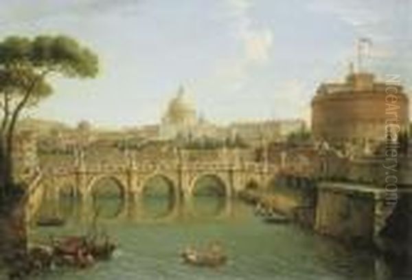 Rome, A View Of The Tiber
Looking Downstream With The Castel And Ponte Sant' Angelo, Saint Peter's
Basilica And The Vatican, Santo Spirito In Sassia And The Janiculum
Beyond - view 1