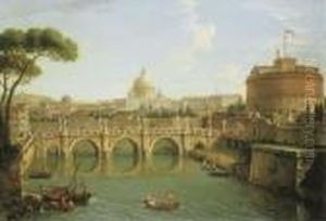 Rome, A View Of The Tiber 
Looking Downstream With The Castel And Ponte Sant' Angelo, Saint Peter's
 Basilica And The Vatican, Santo Spirito In Sassia And The Janiculum 
Beyond by Antonio Joli