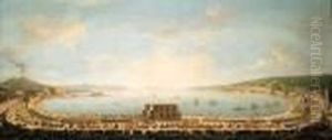 A Panoramic View Of The Bay Of Naples, With The Royal Procession Topiedigrotta