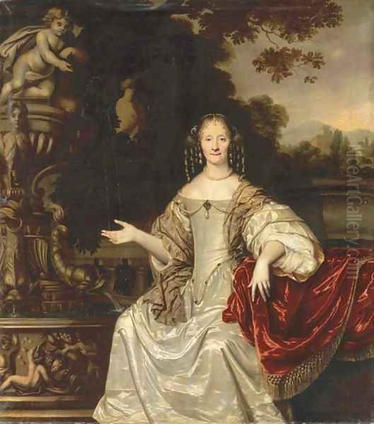 Portrait of Cornelia Reynst (1615-1708), seated, three-quarter-length, in a white silk dress with a gold-embroidered shawl and pearl earrings - view 1