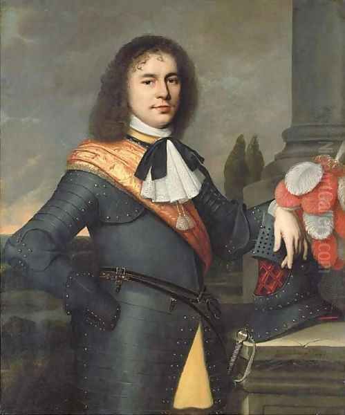 Portrait of a gentleman, three-quarter-length, in armour with an orange silk sash, resting his hand on his helmet, a landscape beyond - view 1