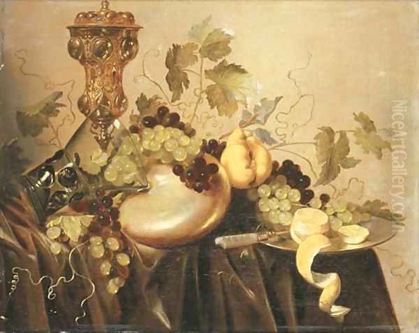 A silver-gilt cup and cover, an upturned roemer resting on a nautilus shell, grapes on the vine and a partly-peeled lemon with a knife - view 1