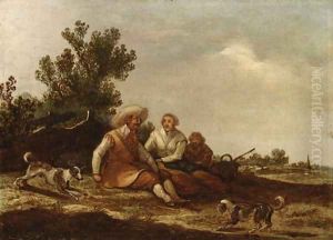A dune landscape with travellers restingby a fence and dogs playing in the foreground, sheep in a meadow and a church spire beyond by Pieter de Neyn