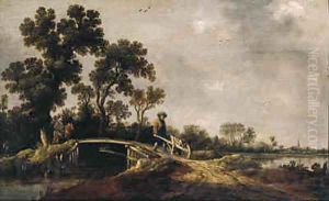 A horseman and a peasant with a wheel-barrow on a bridge in a river landscape by Pieter de Neyn