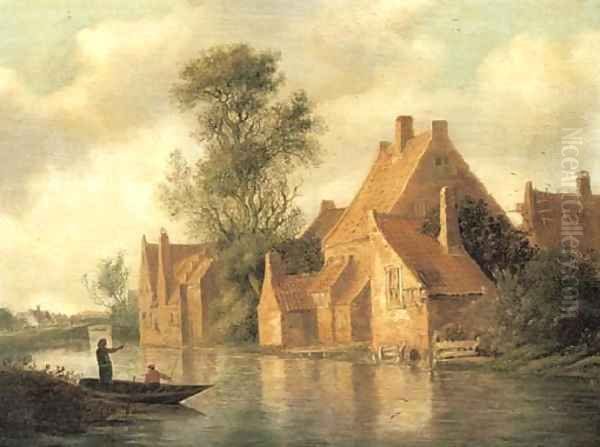 A river landscape with fishermen in a boat and cottages on an embankment - view 1