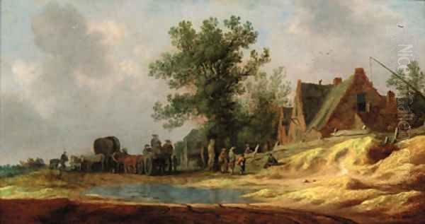 Travellers on a flooded path in a landscape, an inn beyond - view 1