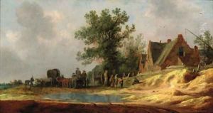 Travellers on a flooded path in a landscape, an inn beyond by Pieter de Neyn