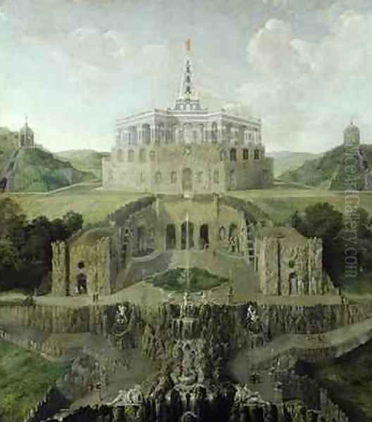View from the Riesenkopf Waterfalls over the Distorted Water-grotto to the Octagon after 1716 - view 1