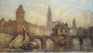On the river at Petit France, before Strasbourg Cathedral by Jules Achille Noel