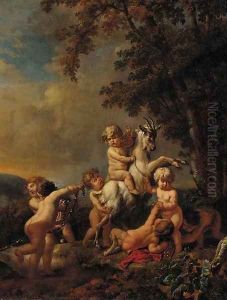Putti and a faun disporting with a goat by Jan van Neck
