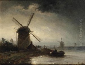 Opkomende Maan; A River Landscape With A Windmill At Dusk by Johan Barthold Jongkind