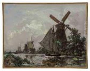 A Windmill On A River Landscape by Johan Barthold Jongkind