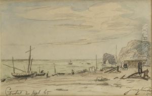 Vue Animee De La Plage D'etretat by Johan Barthold Jongkind