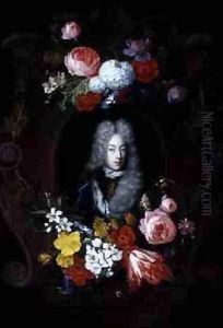 A Portrait of a Man surrounded by a Garland of Flowers 1696 by Constantijn & Heem, D.C.de Netscher