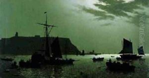 Scarborough Castle Hill and Harbour by Moonlight 1876 by H. P. Newmanns