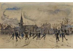 Schlittschuhlaufer Vor Der Silhouette Einer Stadt Mit Kirchturm by Johan Barthold Jongkind
