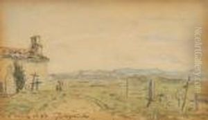 Landscape With Church, Graveyard And Distant Mountains by Johan Barthold Jongkind