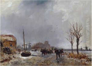 Many Skaters On A Frozen Canal by Johan Barthold Jongkind