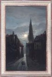 Niederlandische Strasenpartie Bei Vollmond Mit Zwei Spaziergangerinnen by Johan Barthold Jongkind