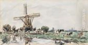 Un Moulin En Hollande, Des Vaches Dans Un Champ Au Premier Plan by Johan Barthold Jongkind