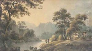 Figures in a romantic landscape by Nicholson, F.