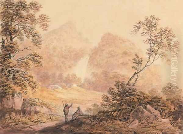 Travellers resting before a waterfall - view 1