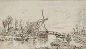 River Landscape With A Windmill by Johan Barthold Jongkind